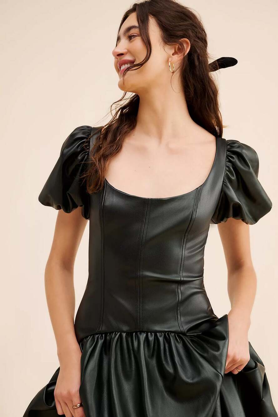 Hutch Black Faux Leather Puff Sleeve Midi Dress Size 6  $248